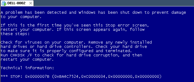 Windows XP Virtual Machine failing with stop 0x0000007B